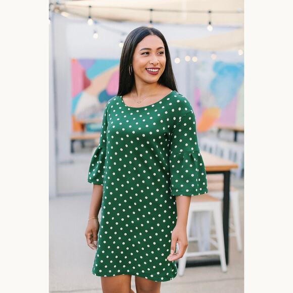 Agnes & Dora Dresses & Skirts - Agnes & Dora White & Green Polka Dot Bell Sleeve Shift Dress Retro Colorful